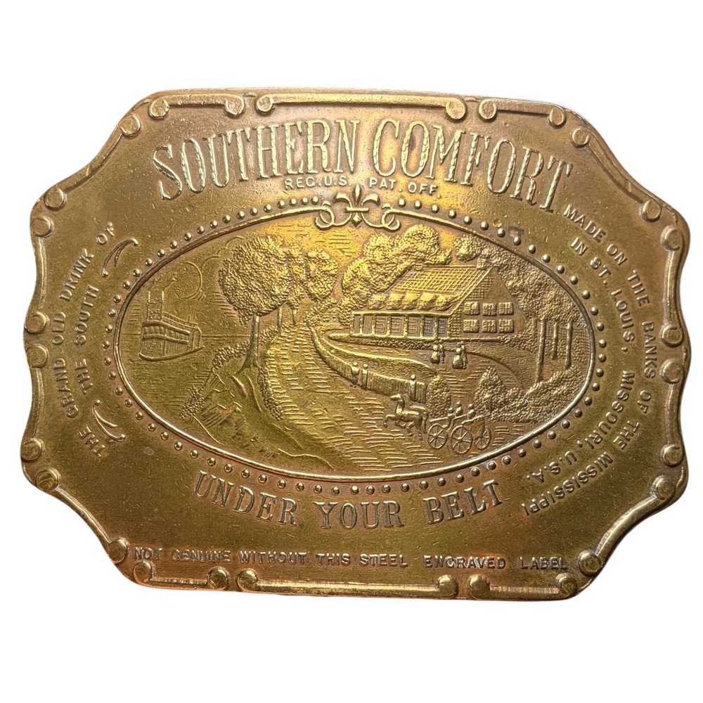 VINTAGE 70s Southern Comfort "Tiffany" Brass Belt Buckle Americana Rare